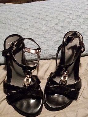 Mossimo Supply Co. Black Patent Strappy Heels with Gold Accent